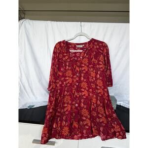 Utsa Boho Floral Paisley Blouse Women's L Red Orange Ruffle Neck Bohemian Top